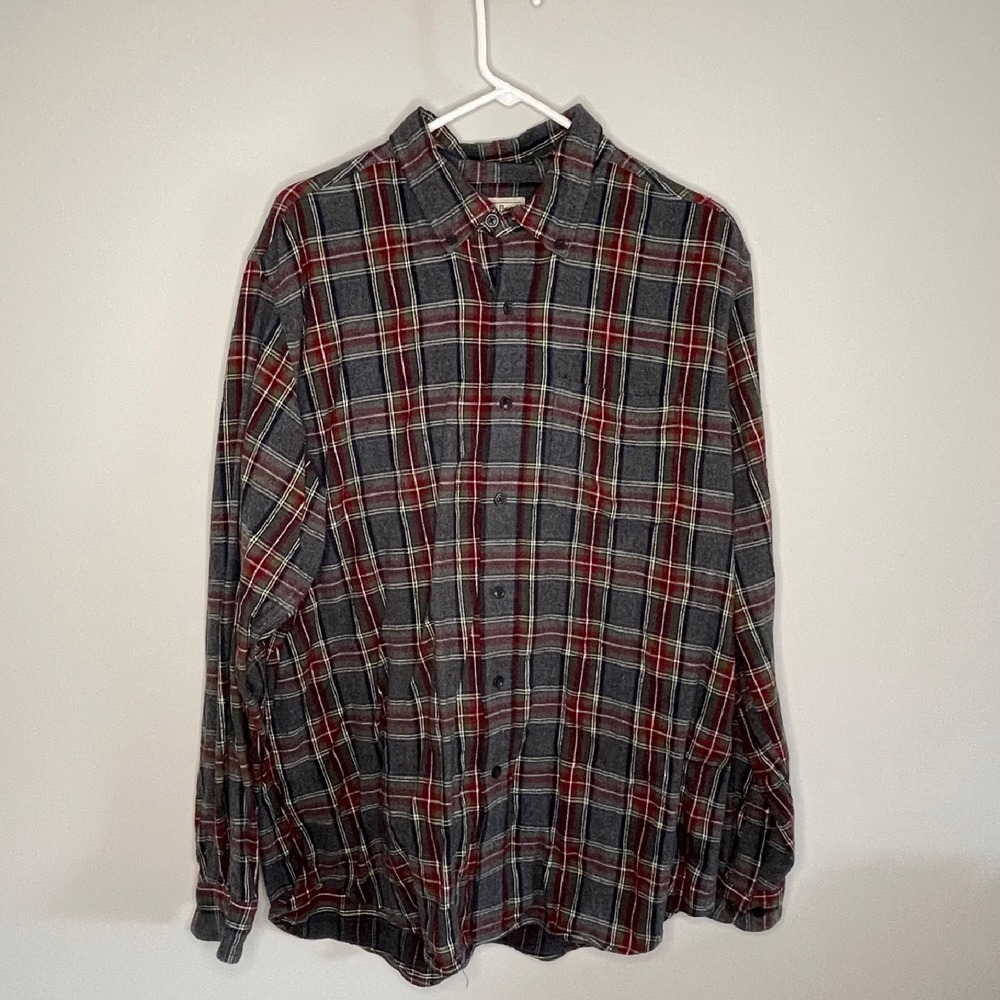 L.L.Bean Scotch Plaid Flannel Shirt Long Sleeve‎ Traditional Fit Gray Red Mens L